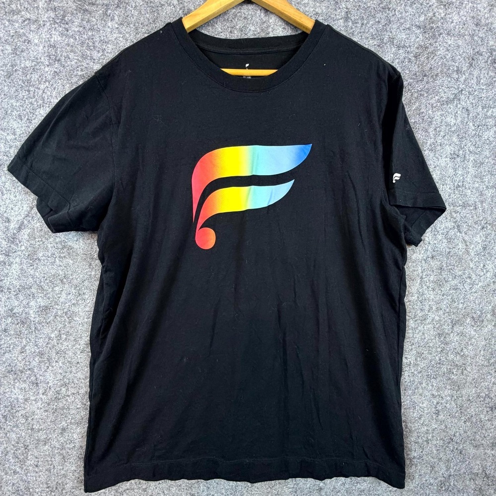 Fabletics T-Shirt Mens Large Black Cotton Stretch Rainbow Graphic Crew Neck